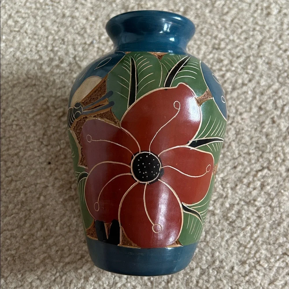 Vintage Hand-Painted Nicaraguan Floral Ceramic Vase in Teal, Green, Rust